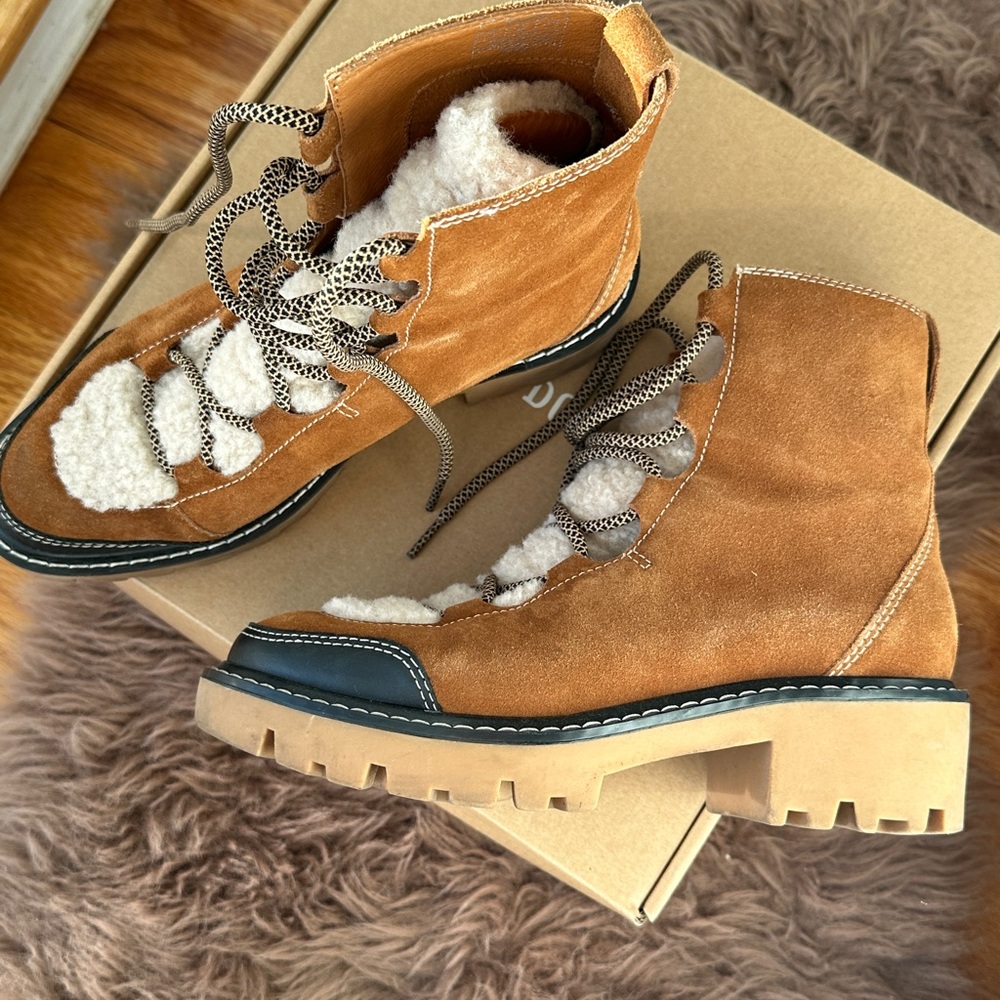 Soludos Aspen Suede & Faux Fur Brown Suede Lace-Up Boots